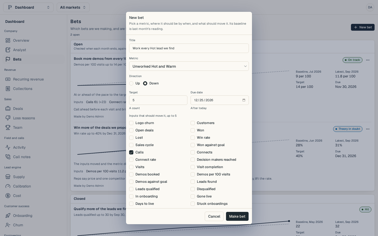 The New bet dialog, with a title, a metric, a direction, a target, a due date and the inputs that should move it