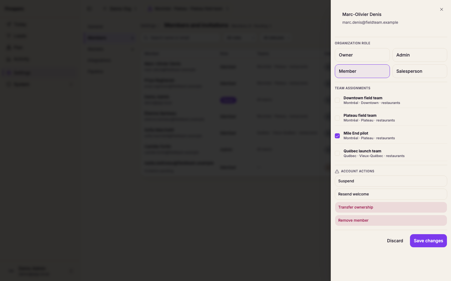 The member panel for one person, with their organization role, team assignments, and account actions