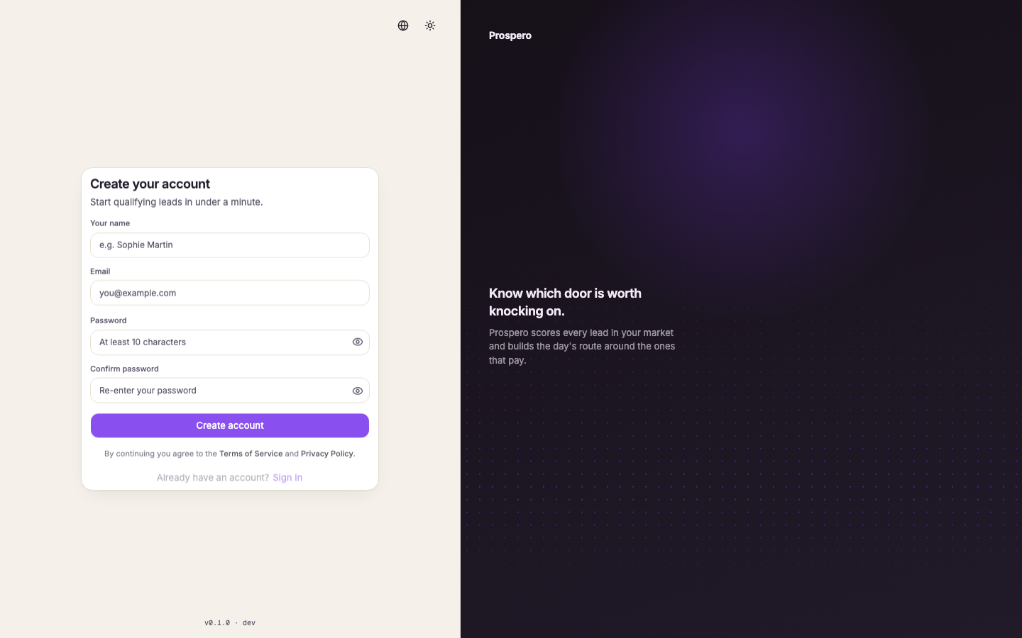 The Prospero sign-up page with name, email, and password fields