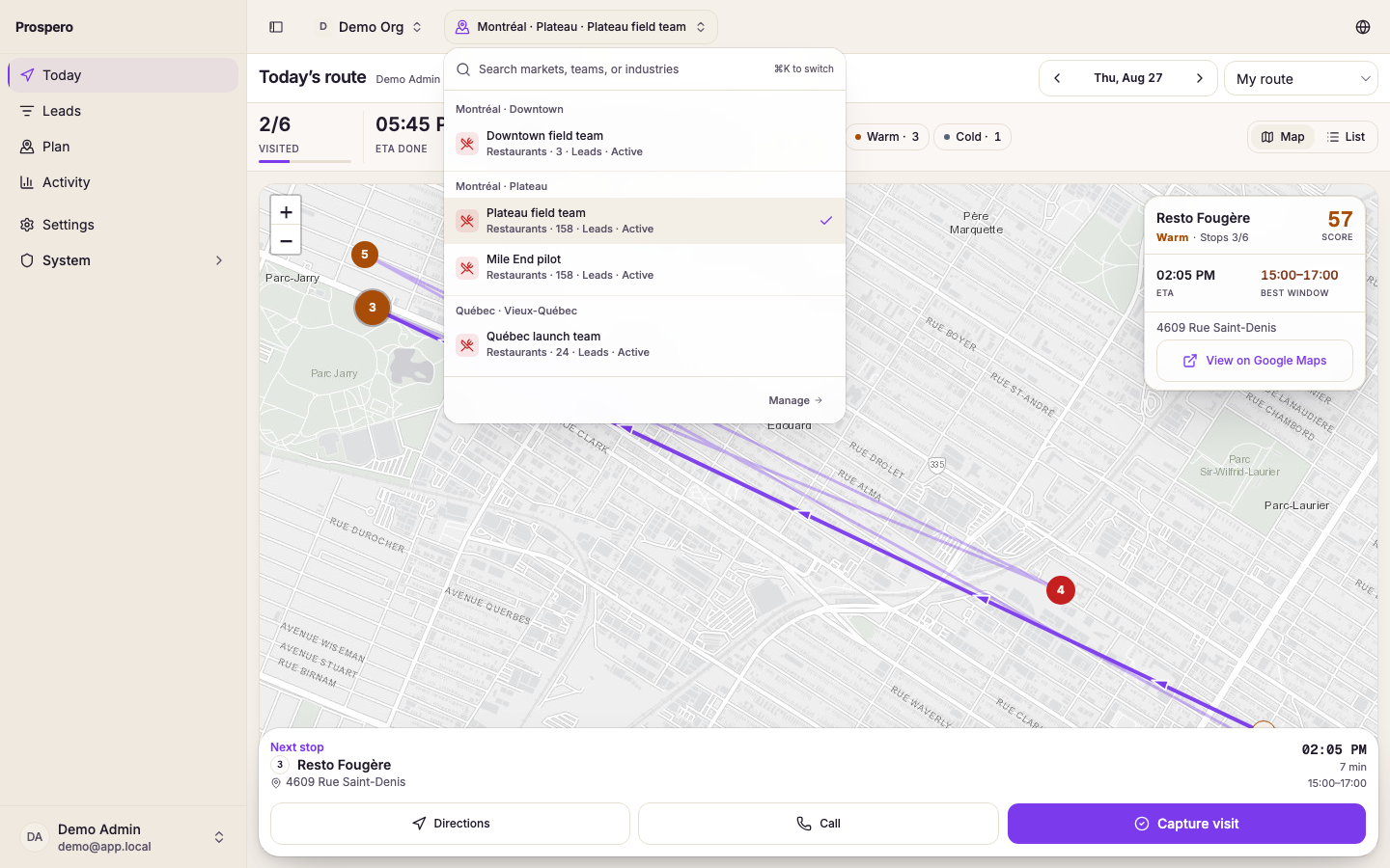 The market and team picker open over Today, with a search field and a list of markets