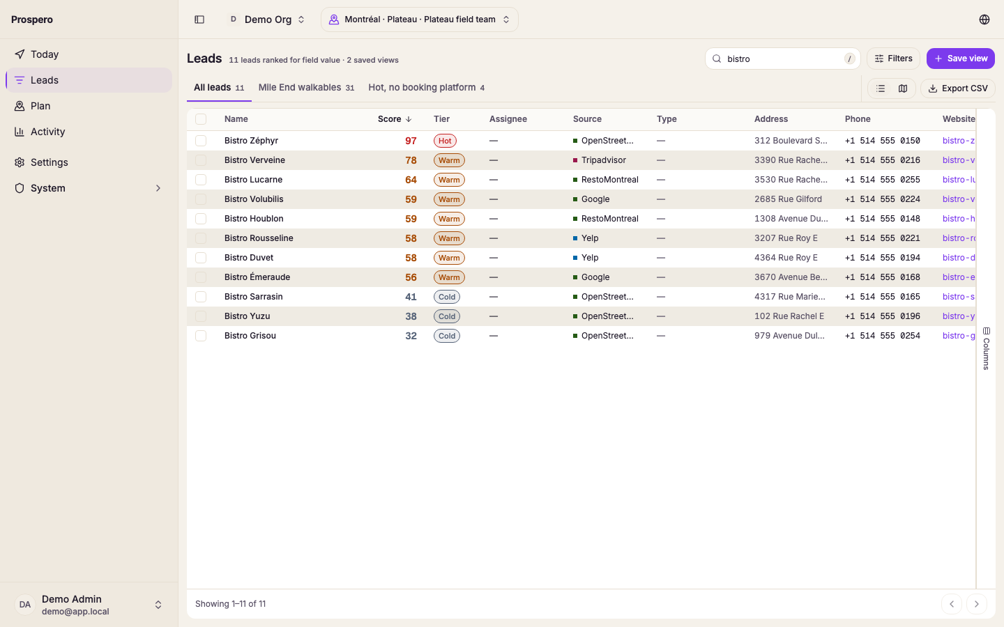 The Leads search field with a search term entered and the matching table below