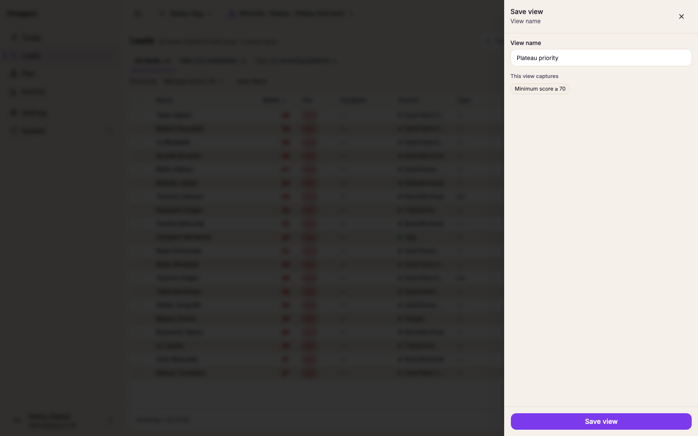 The Save view panel with a name entered and the filters the new view will capture