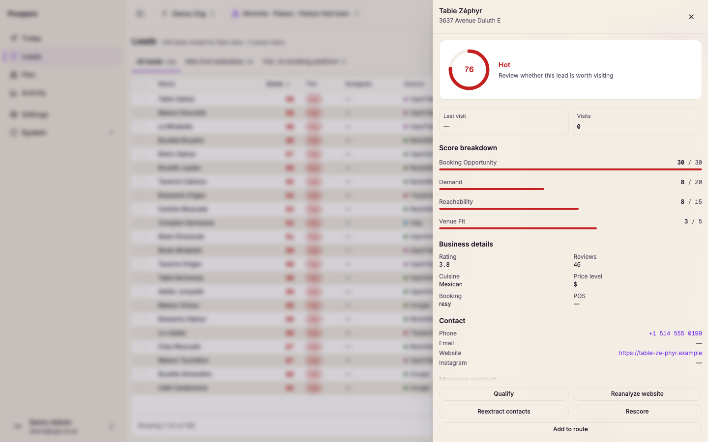 Lead detail with the score, its tier, the score breakdown, and Add to route