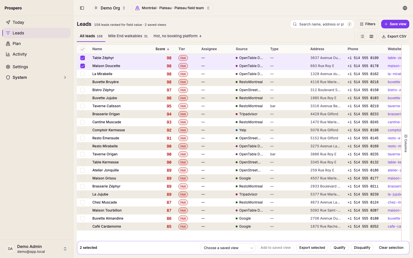 Two leads checked in the table, with the selected-leads bar and Export CSV