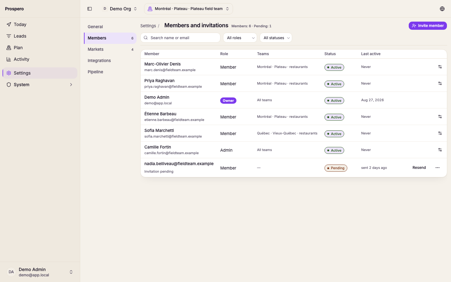 Members and invitations, with Invite member and the member list
