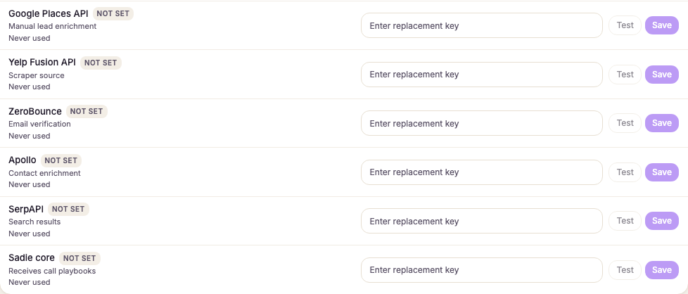 Organization API keys, with the service and source each discovery run uses