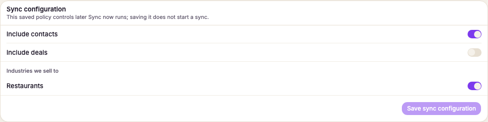 Sync configuration on Integrations, where the sync policy is saved